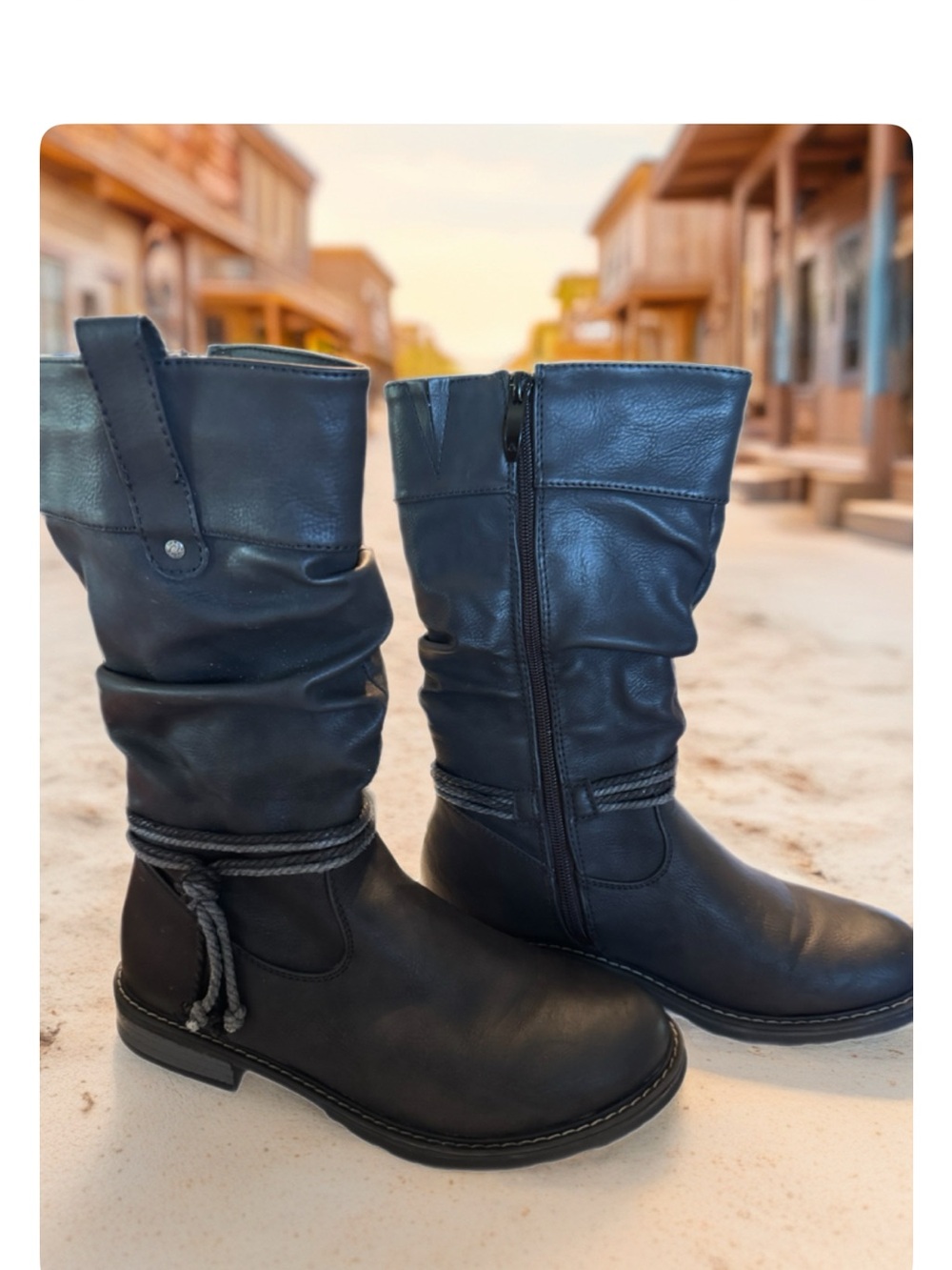 Rieker Black Slouch Mid-Calf Leather Boots with Rope Detail